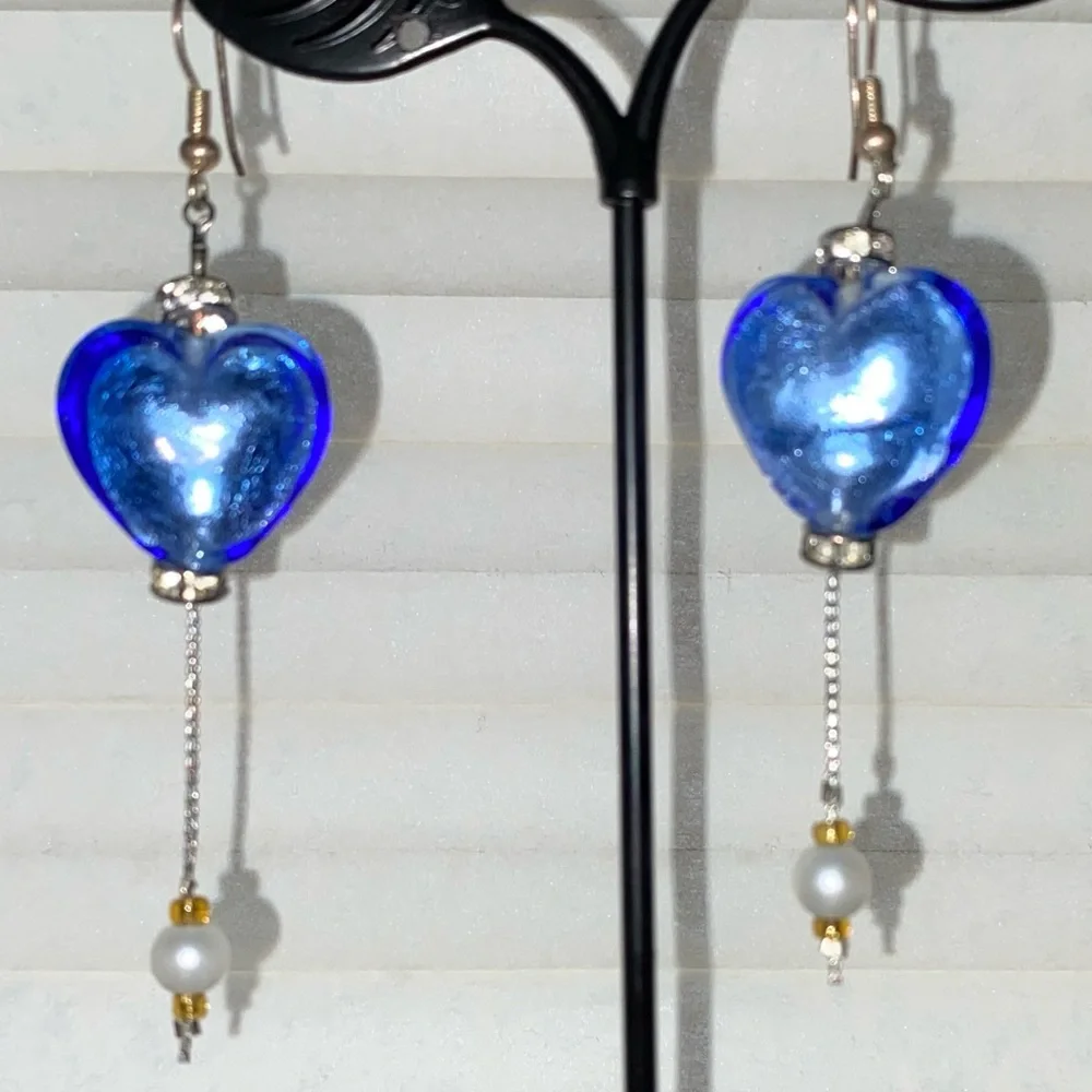 Blue Glass Handblown Italian Murano Glass Heart Earrings - Picture 3 of 6